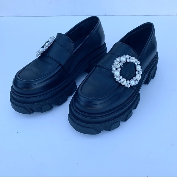 Alohas Black Trailblazer Crystal Clear White Silver Chunky Leather Loafers 37 - Picture 2 of 16